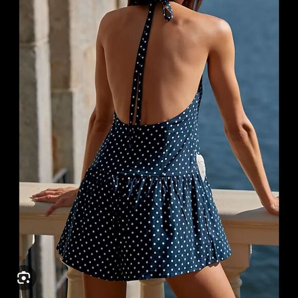 Free People High Strung Romper-Navy Polka Dot - Picture 3 of 9